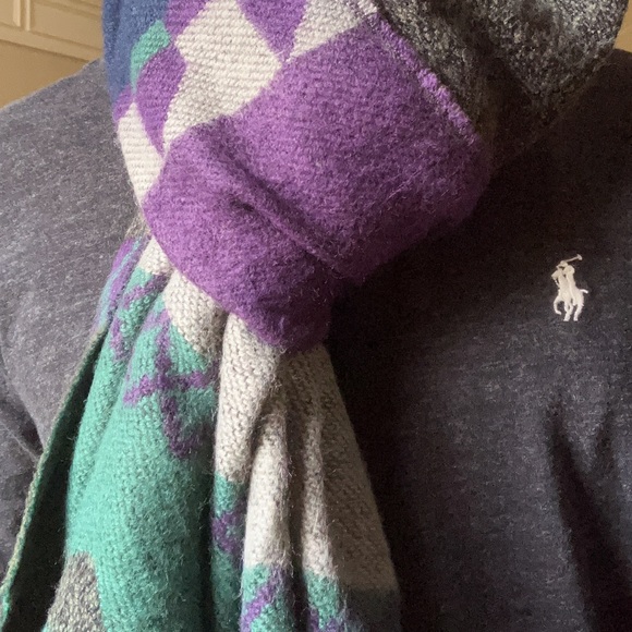 Aztec Pattern Unisex Wide Scarf in Grey Green Purple Tan with Fringe - Picture 5 of 5